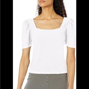 Club Monaco Blouse Womens XS White Square Neck Puff Sleeve Top Ribbed